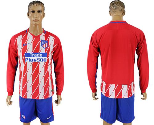 Atletico Madrid Blank Home Long Sleeves Soccer Club Jersey - Click Image to Close